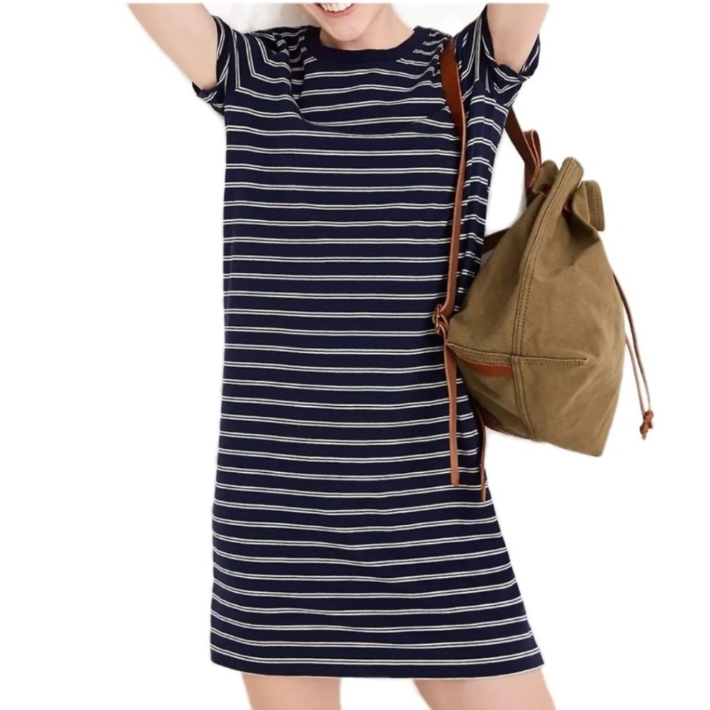 Madewell Tina Navy White Stripe T Shirt Dress Casual Midi Short Sleeve Crew Neck
